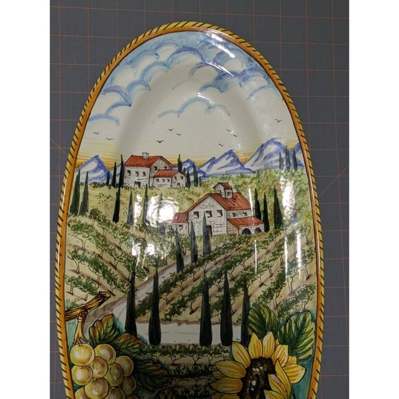 Hand-Painted Italian Ceramic Wall Plate Vineyard Scene Sunflowers - Picture 10 of 16